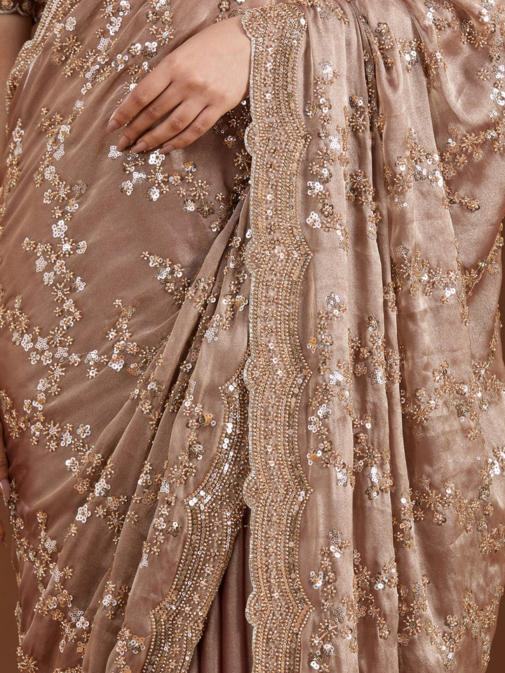 Light Brown Cutdana Tissue Saree-Koskii