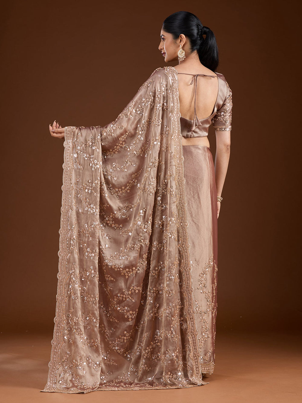 Light Brown Cutdana Tissue Saree-Koskii