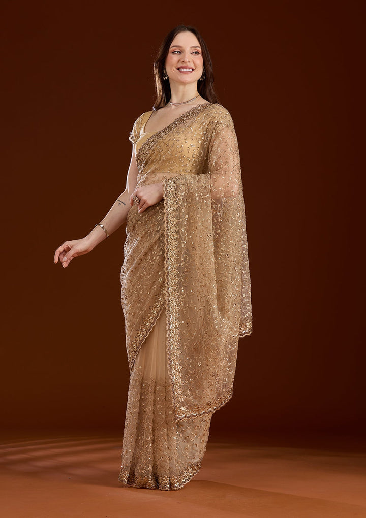Gold Sequins Net Saree