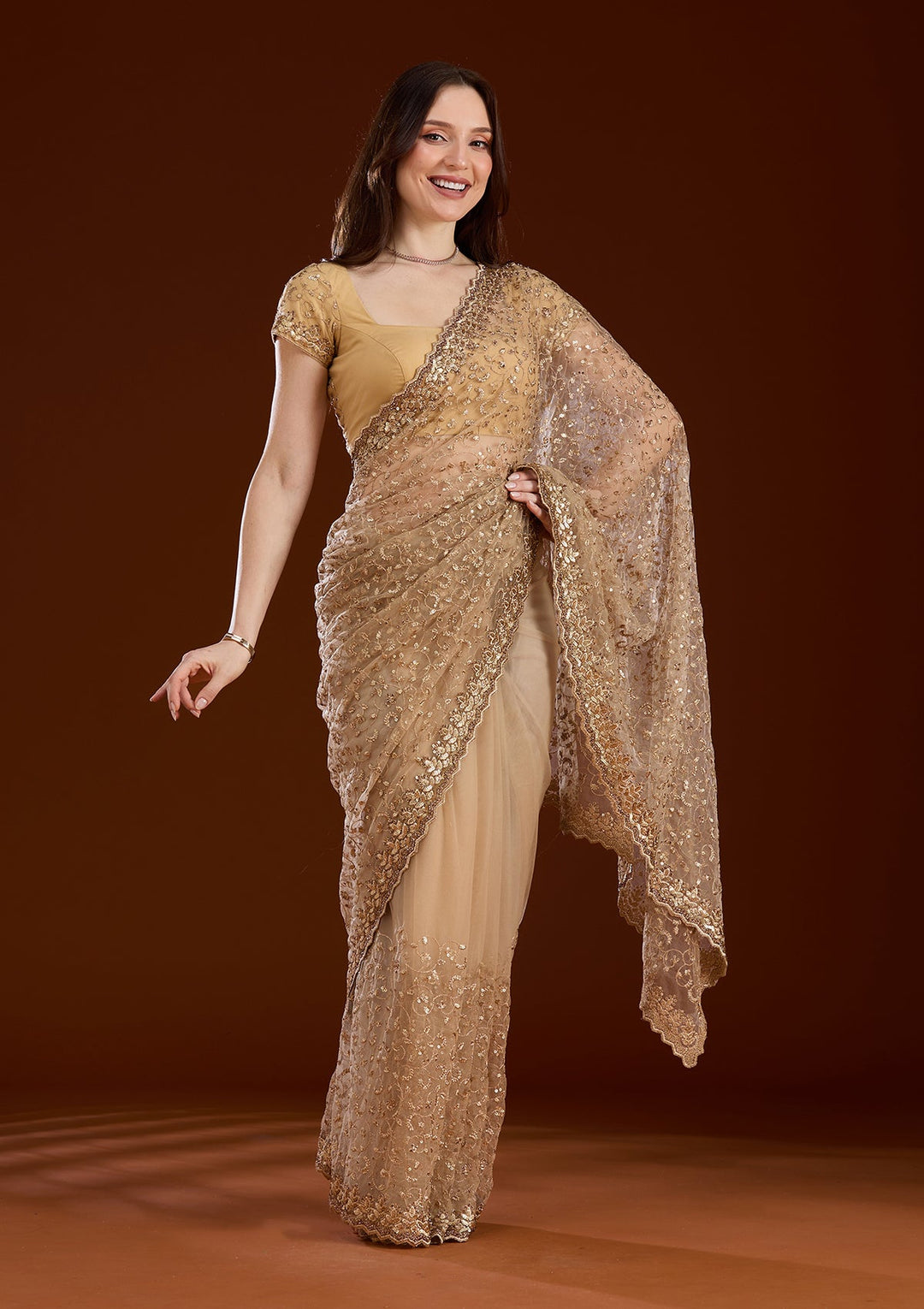 Gold Sequins Net Saree