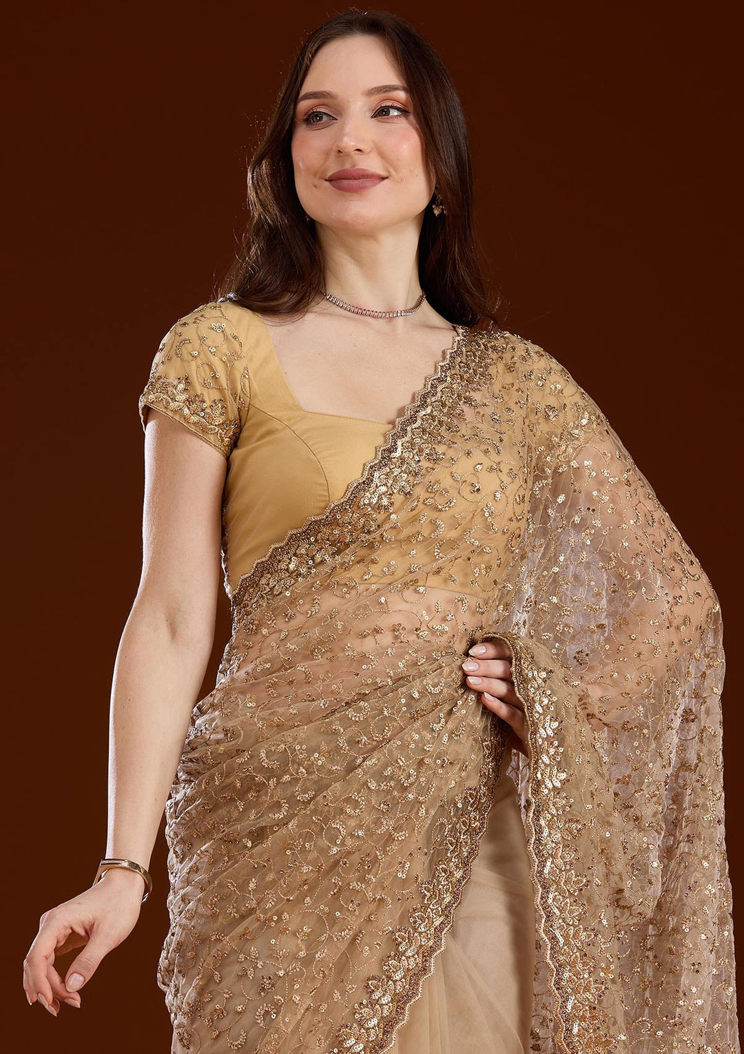 Gold Sequins Net Saree