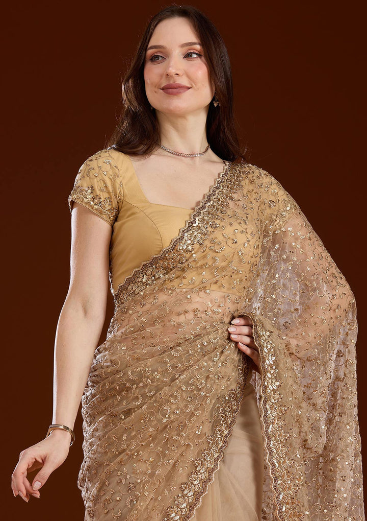 Gold Sequins Net Saree