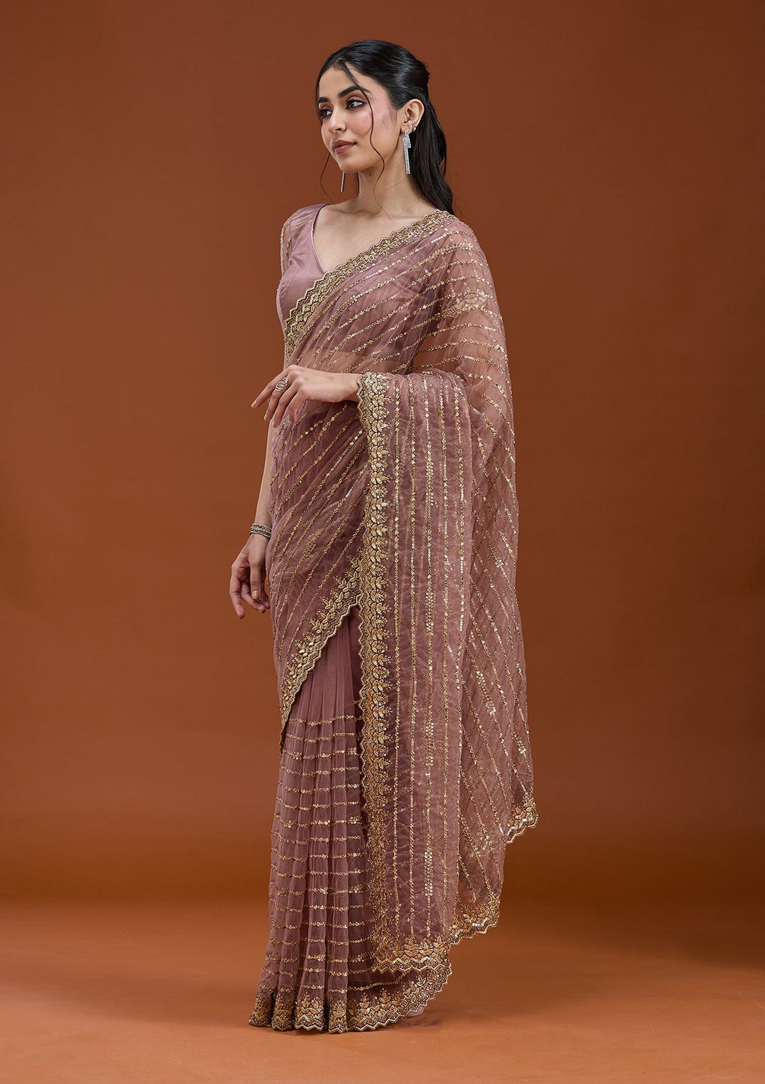 Onion Pink Sequins Net Saree_koskii