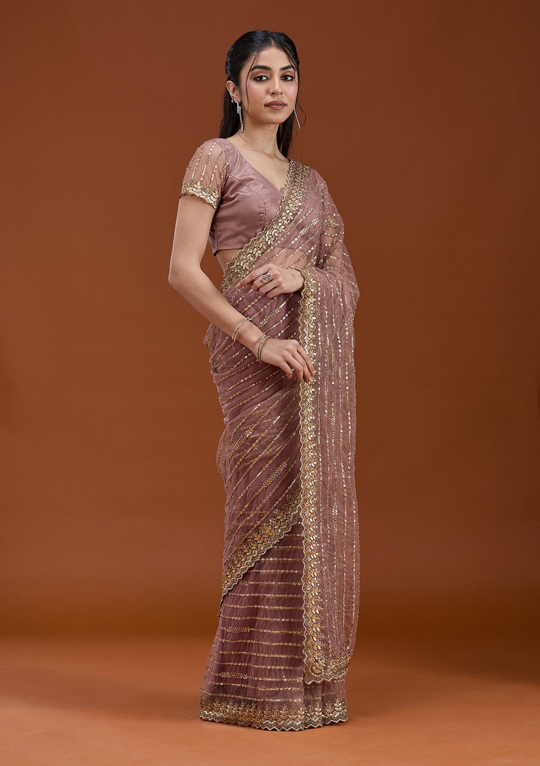 Onion Pink Sequins Net Saree_koskii