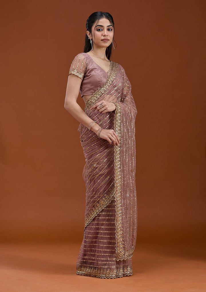 Onion Pink Sequins Net Saree_koskii