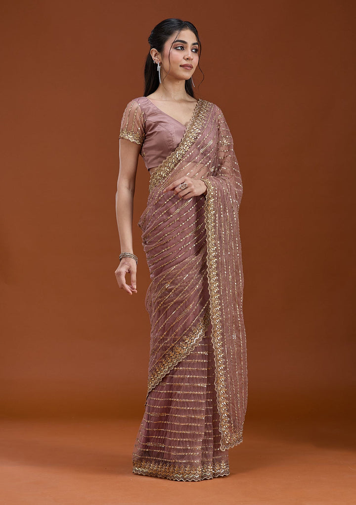 Onion Pink Sequins Net Saree_koskii