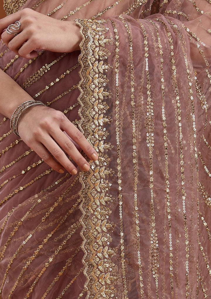 Onion Pink Sequins Net Saree_koskii