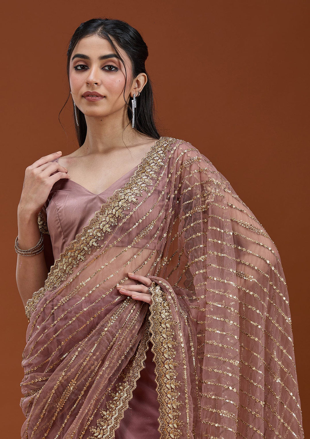 Onion Pink Sequins Net Saree_koskii