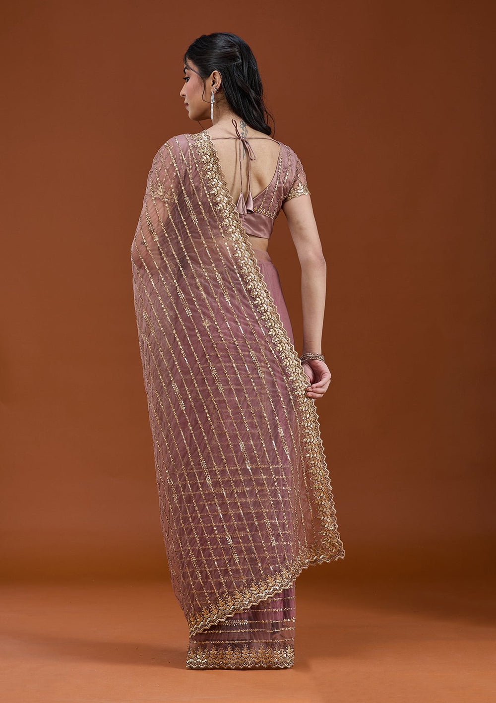 Onion Pink Sequins Net Saree_koskii