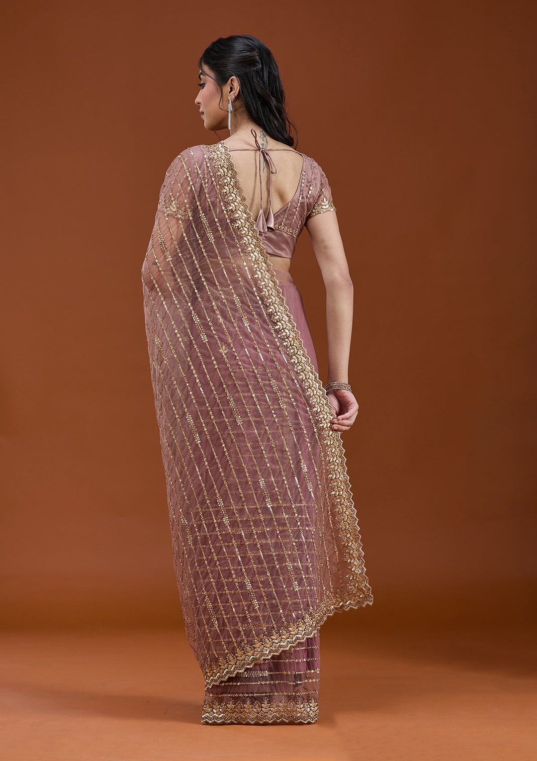 Onion Pink Sequins Net Saree_koskii