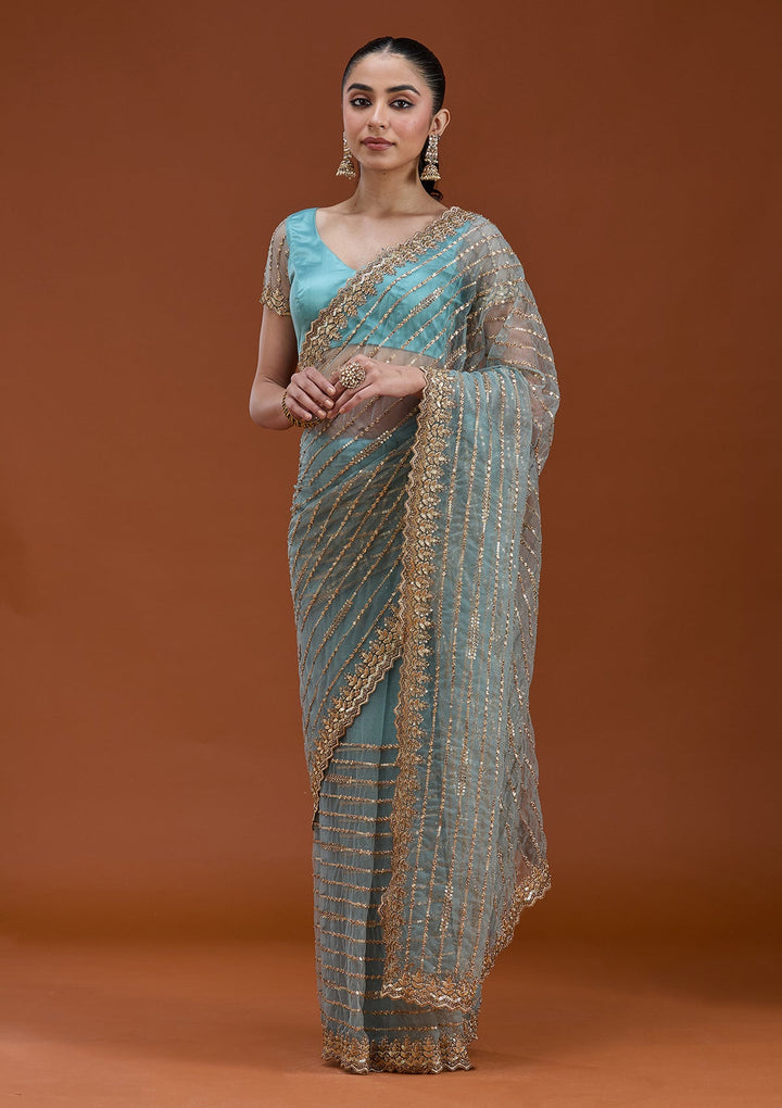 Sea Green Sequins Net Saree_koskii