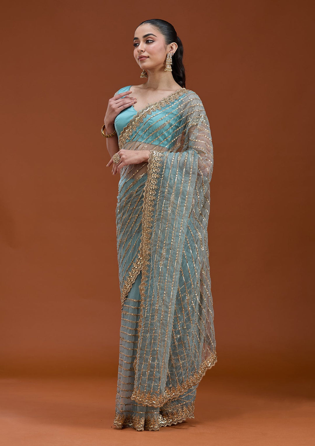 Sea Green Sequins Net Saree_koskii