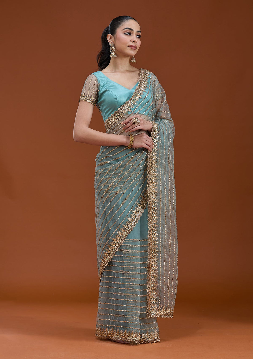 Sea Green Sequins Net Saree_koskii