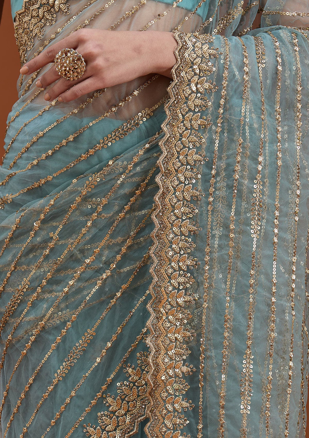 Sea Green Sequins Net Saree_koskii