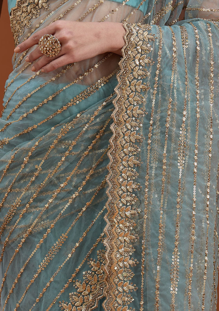 Sea Green Sequins Net Saree_koskii