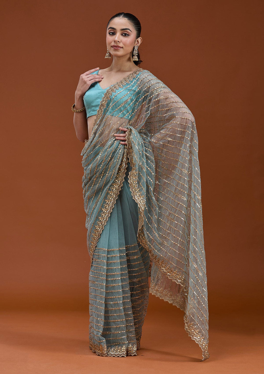 Sea Green Sequins Net Saree_koskii