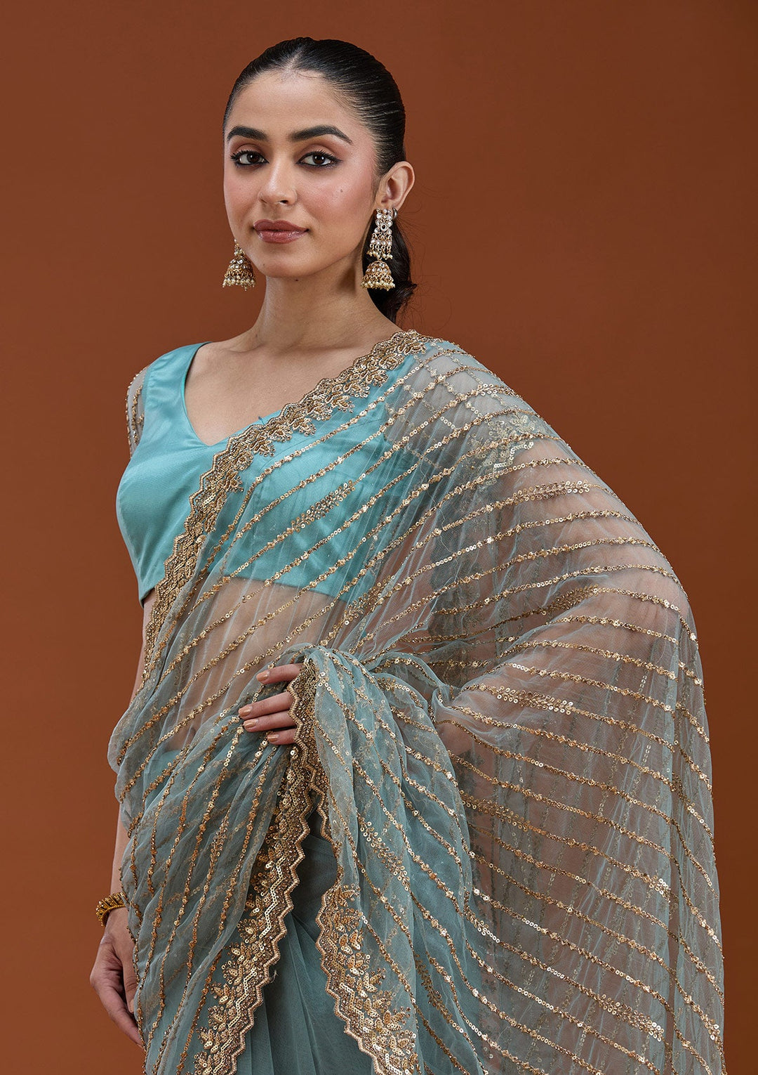 Sea Green Sequins Net Saree_koskii
