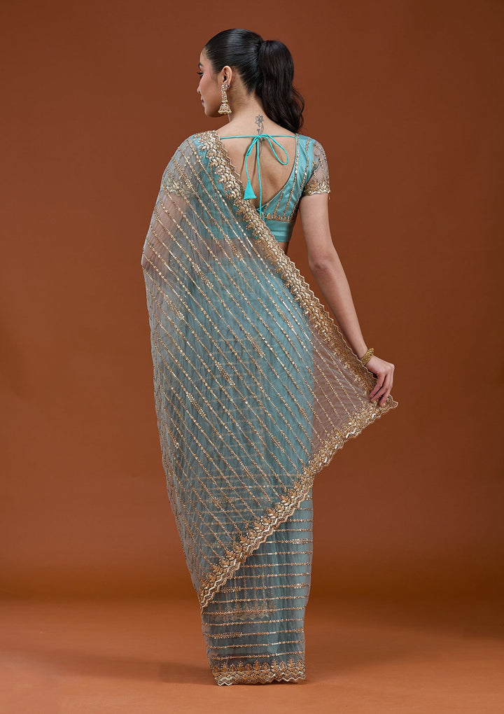 Sea Green Sequins Net Saree_koskii