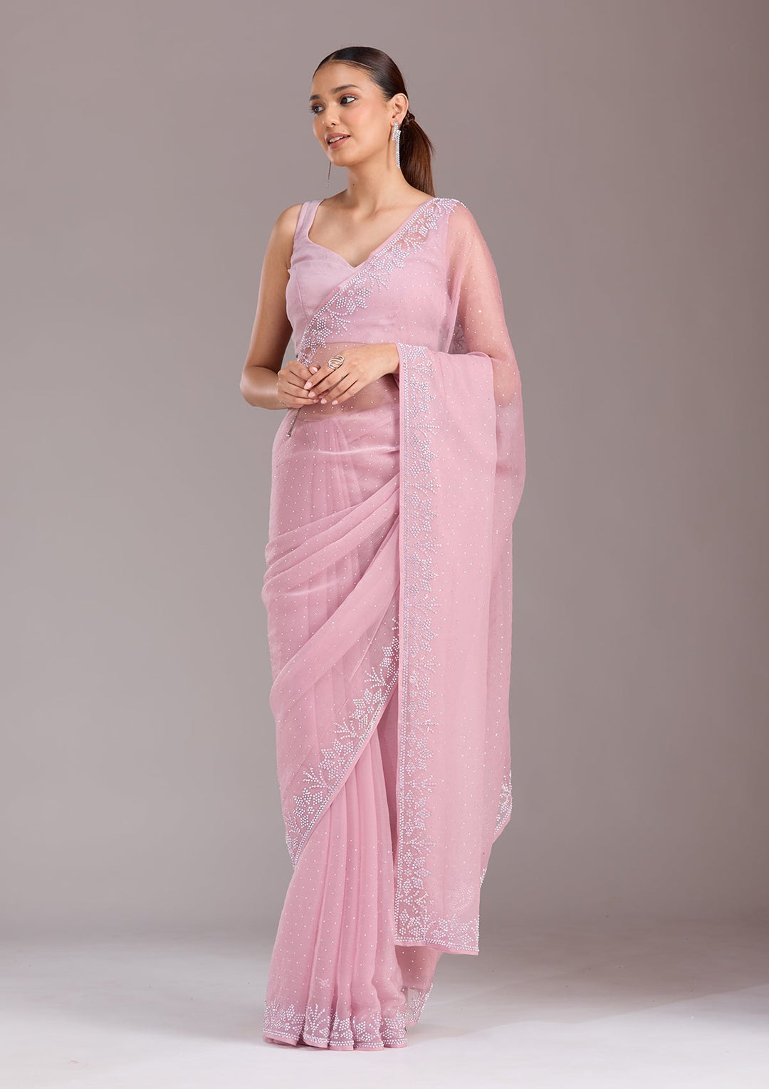 Mauve Stonework (Silver) Chiffon Saree-koskii