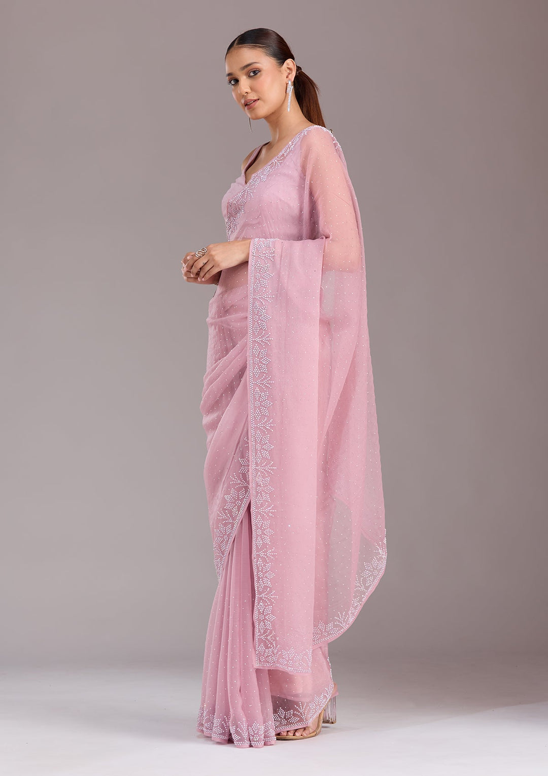 Mauve Stonework (Silver) Chiffon Saree-koskii