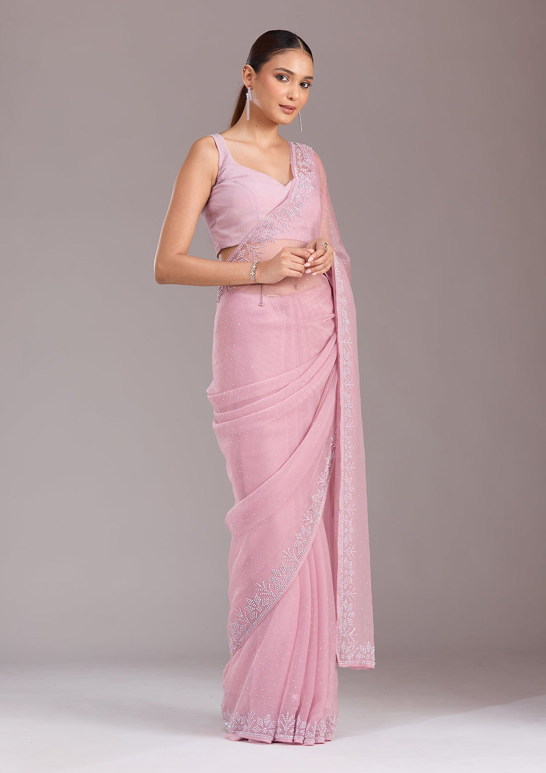 Mauve Stonework (Silver) Chiffon Saree-koskii