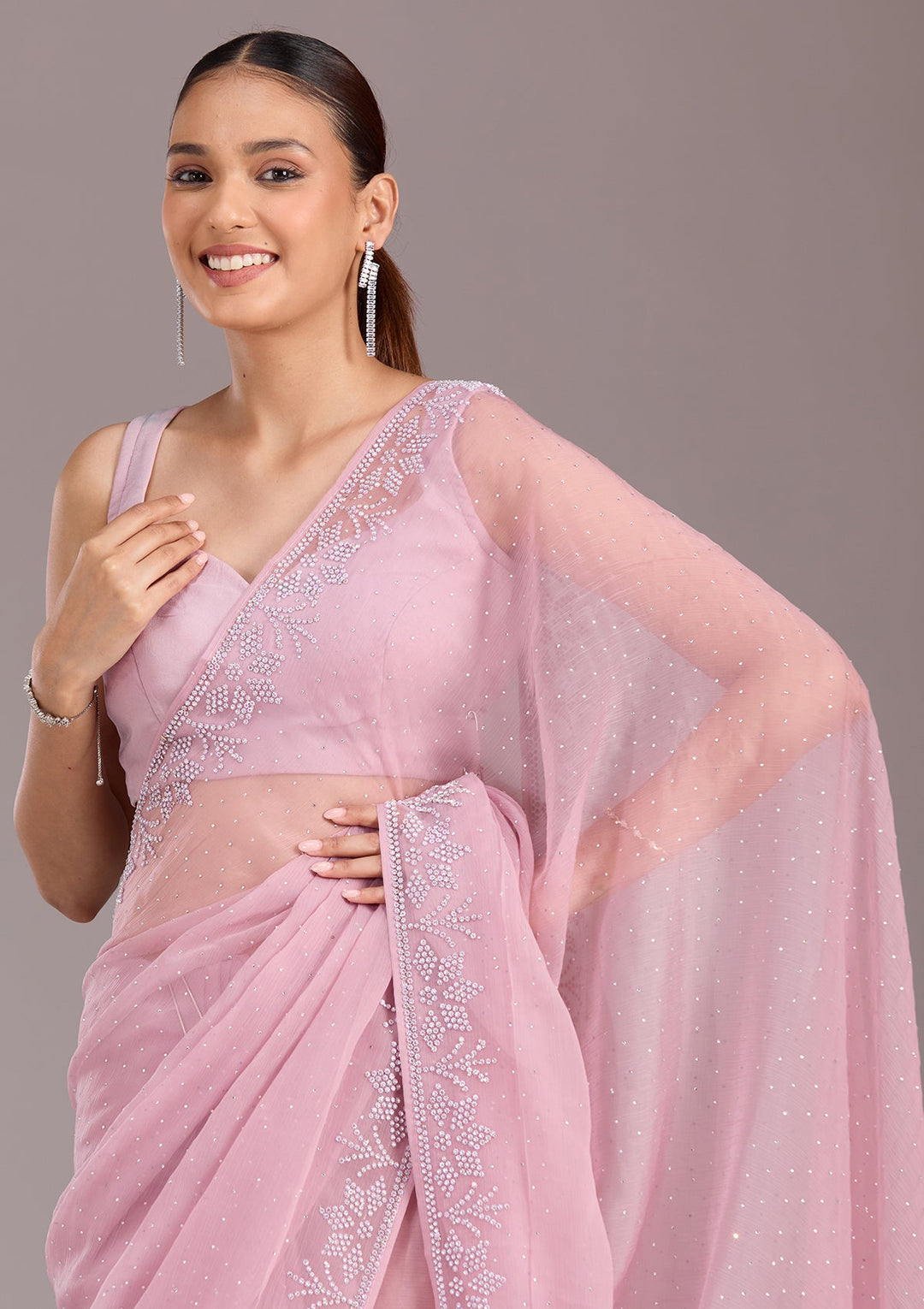 Mauve Stonework (Silver) Chiffon Saree-koskii