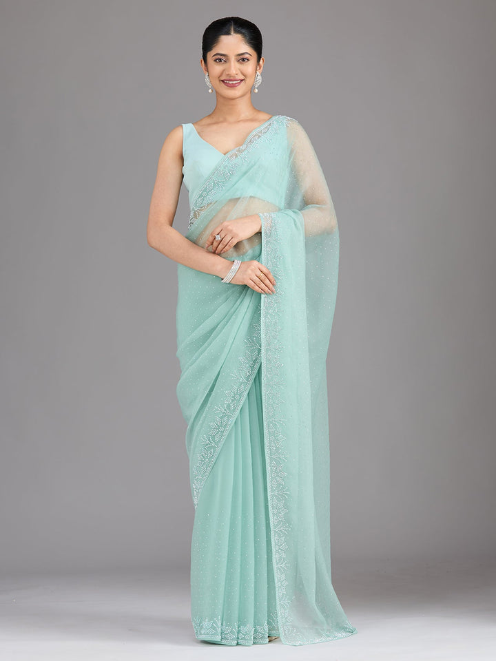 Sea Green Stonework (Silver) Chiffon Saree-Koskii
