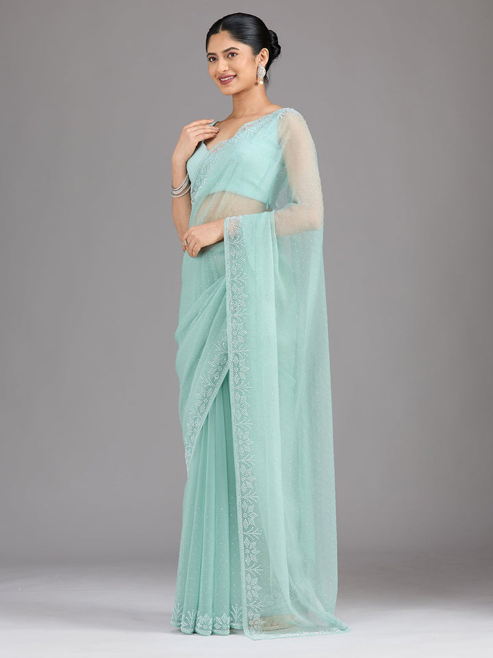 Sea Green Stonework (Silver) Chiffon Saree-Koskii