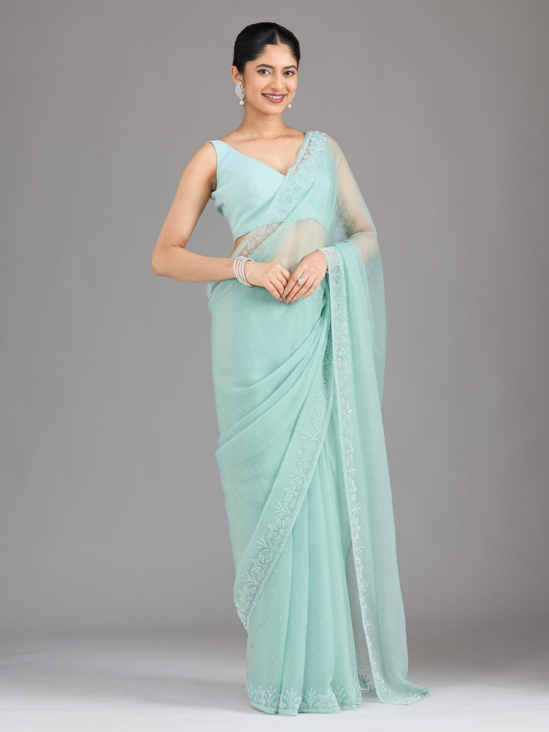 Sea Green Stonework (Silver) Chiffon Saree-Koskii