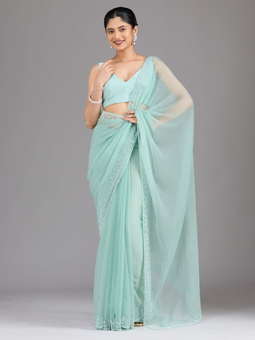 Sea Green Stonework (Silver) Chiffon Saree-Koskii