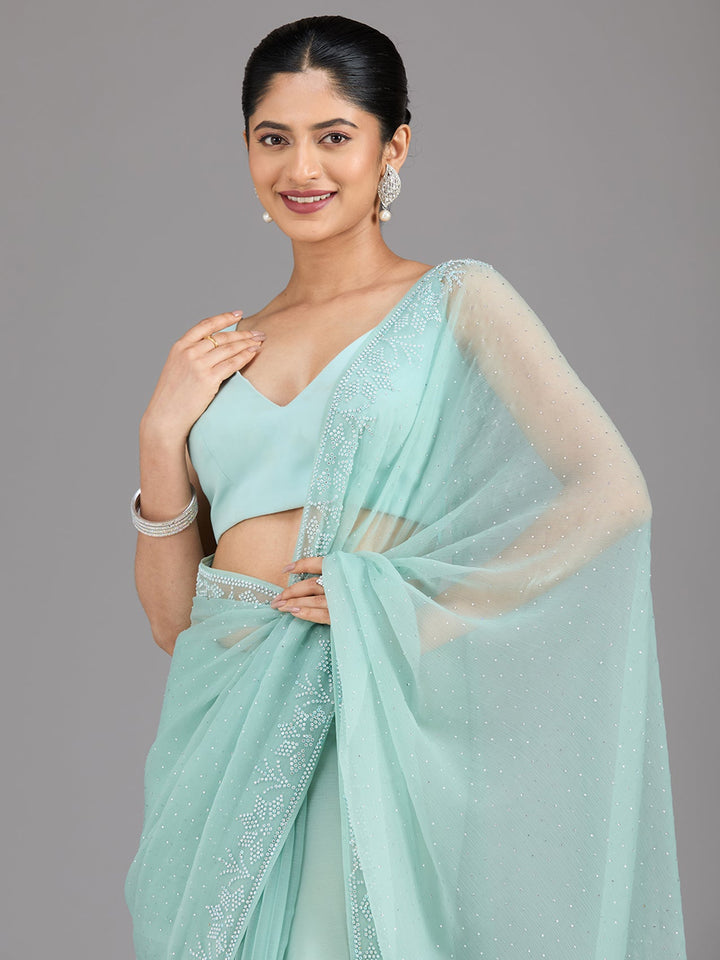 Sea Green Stonework (Silver) Chiffon Saree-Koskii