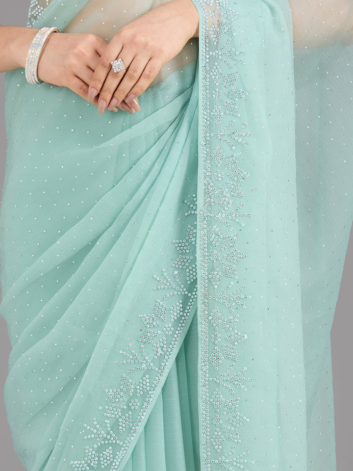 Sea Green Stonework (Silver) Chiffon Saree-Koskii