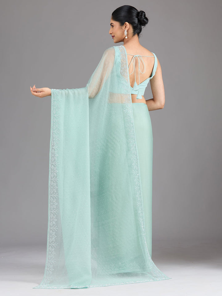 Sea Green Stonework (Silver) Chiffon Saree-Koskii
