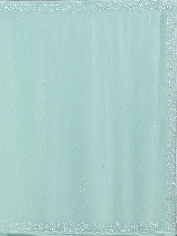 Sea Green Stonework (Silver) Chiffon Saree-Koskii
