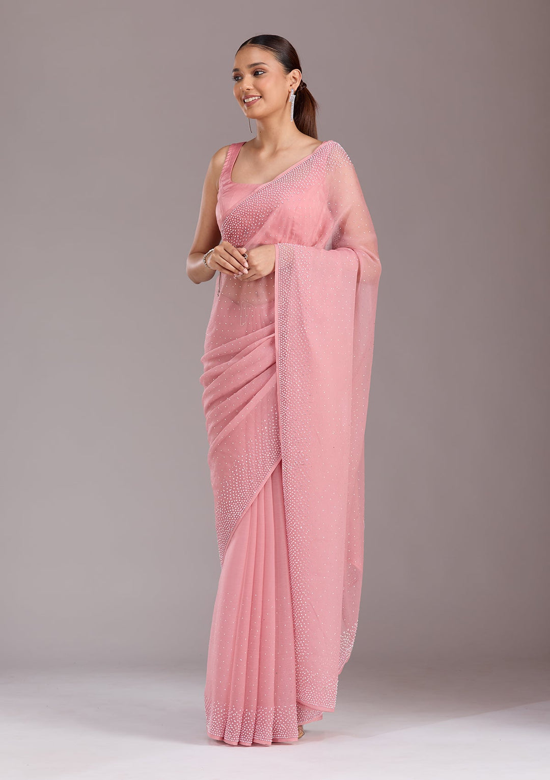 Gajari Pink Stonework (Silver) Chiffon Saree-koskii