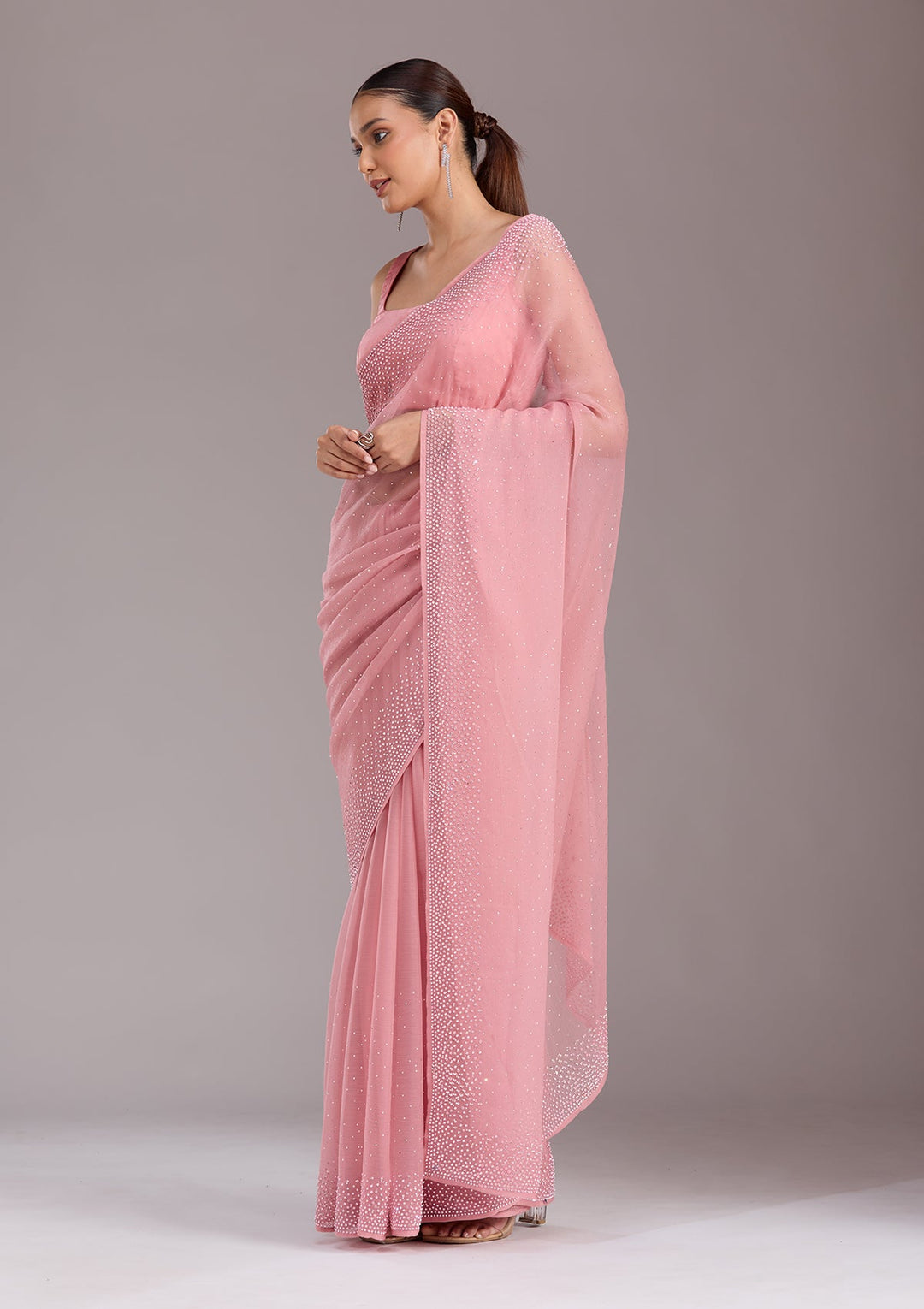Gajari Pink Stonework (Silver) Chiffon Saree-koskii