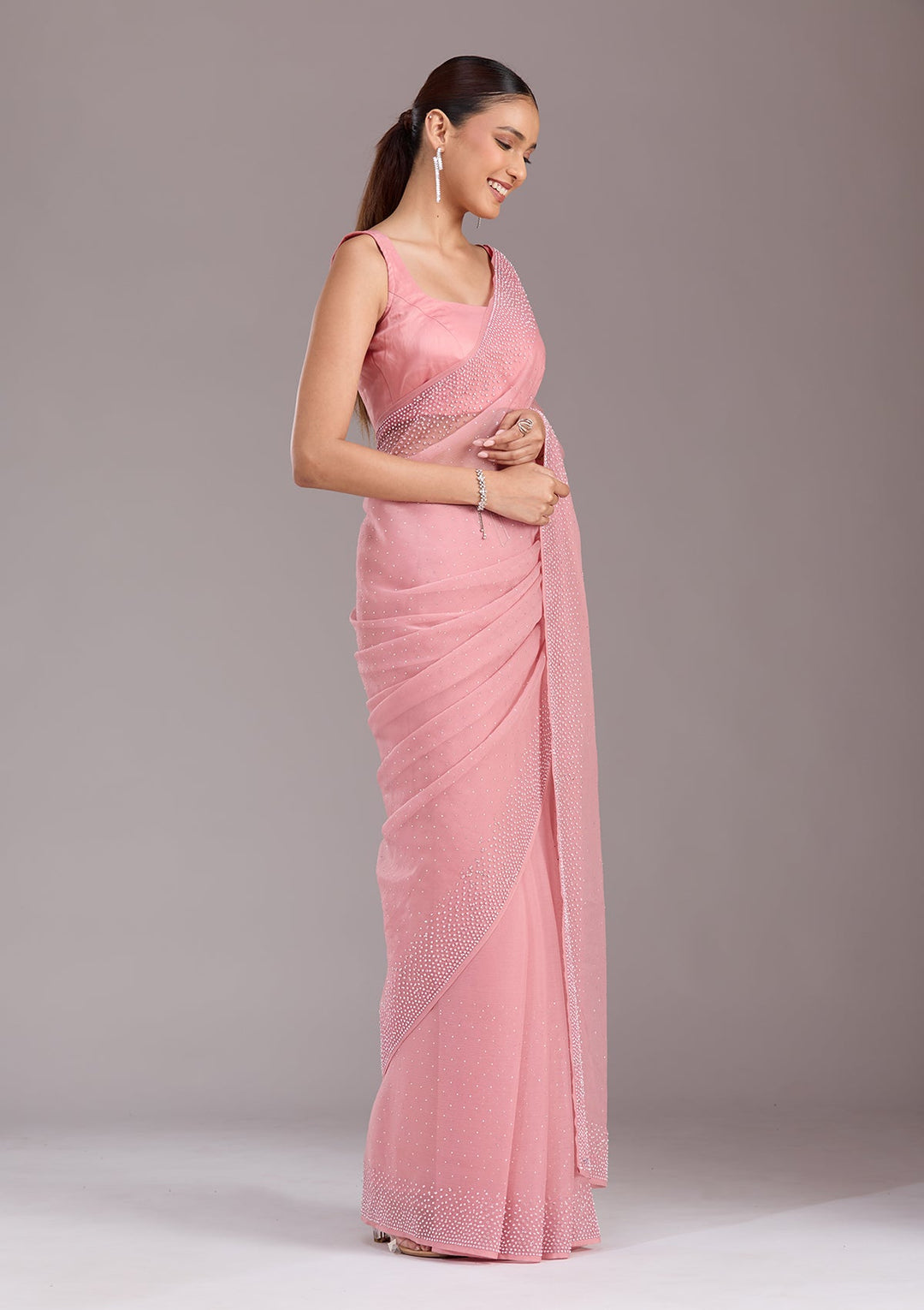 Gajari Pink Stonework (Silver) Chiffon Saree-koskii