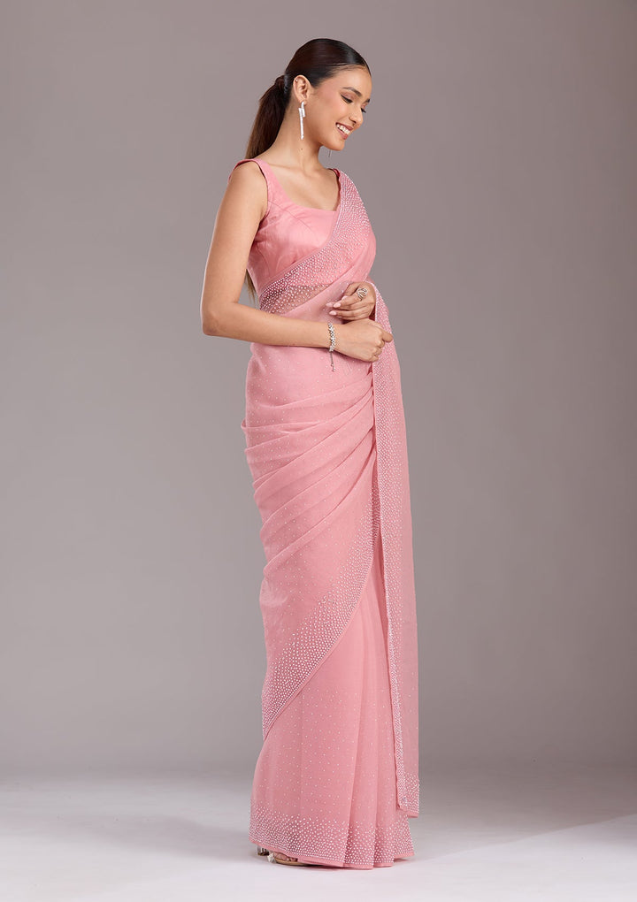 Gajari Pink Stonework (Silver) Chiffon Saree-koskii