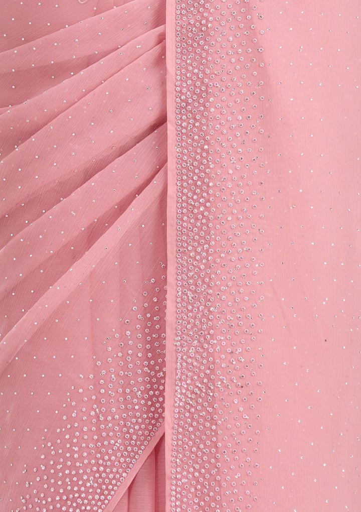 Gajari Pink Stonework (Silver) Chiffon Saree-koskii