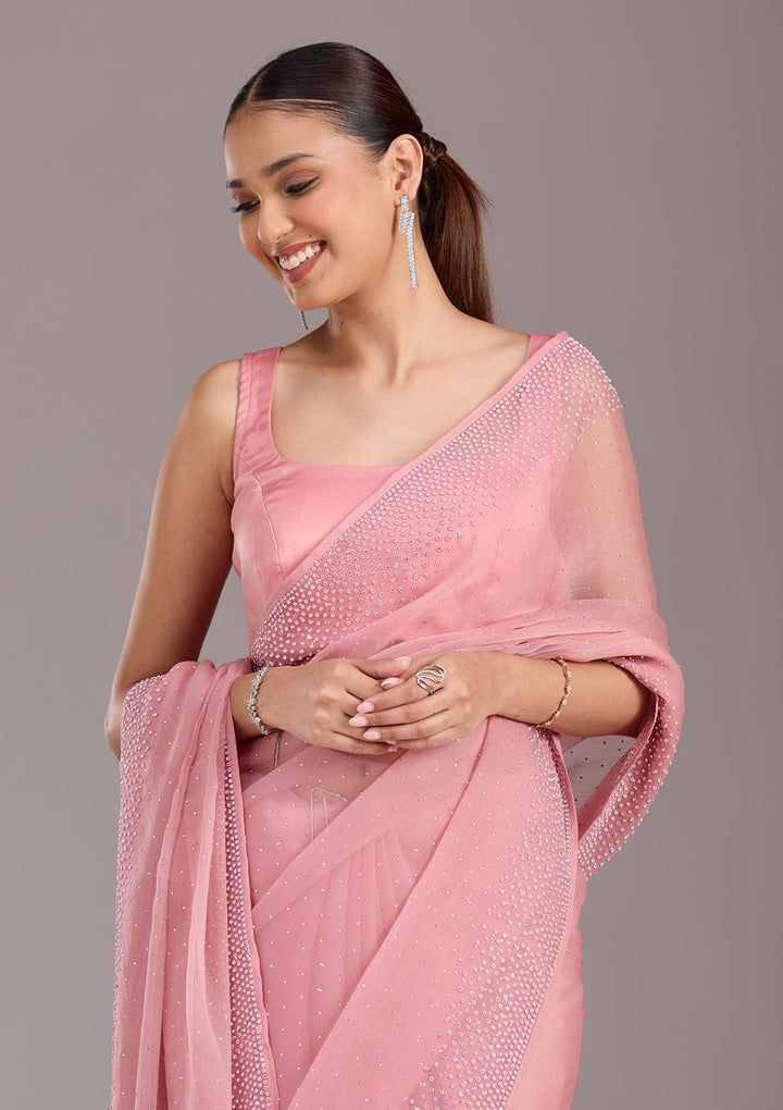 Gajari Pink Stonework (Silver) Chiffon Saree-koskii