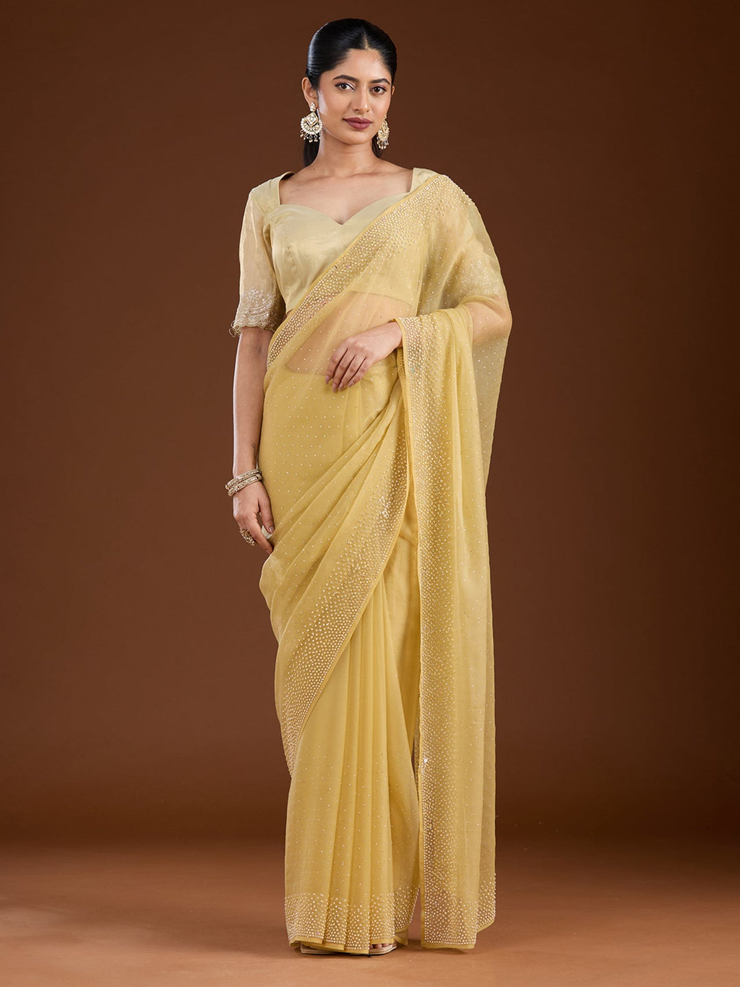 Yellow Stonework (Silver) Chiffon Saree-Koskii
