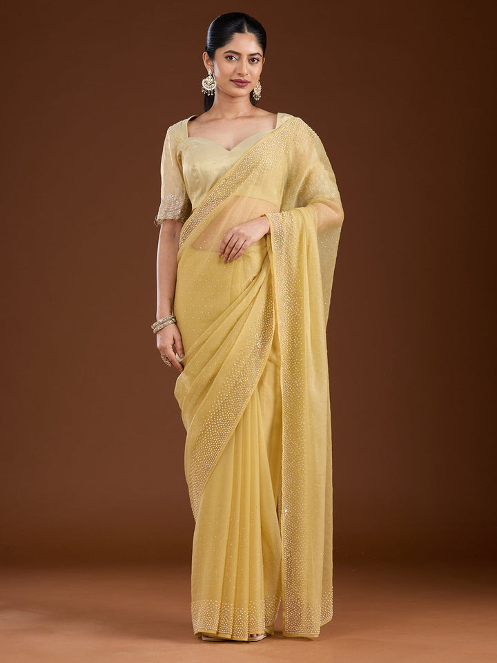 Yellow Stonework (Silver) Chiffon Saree-Koskii