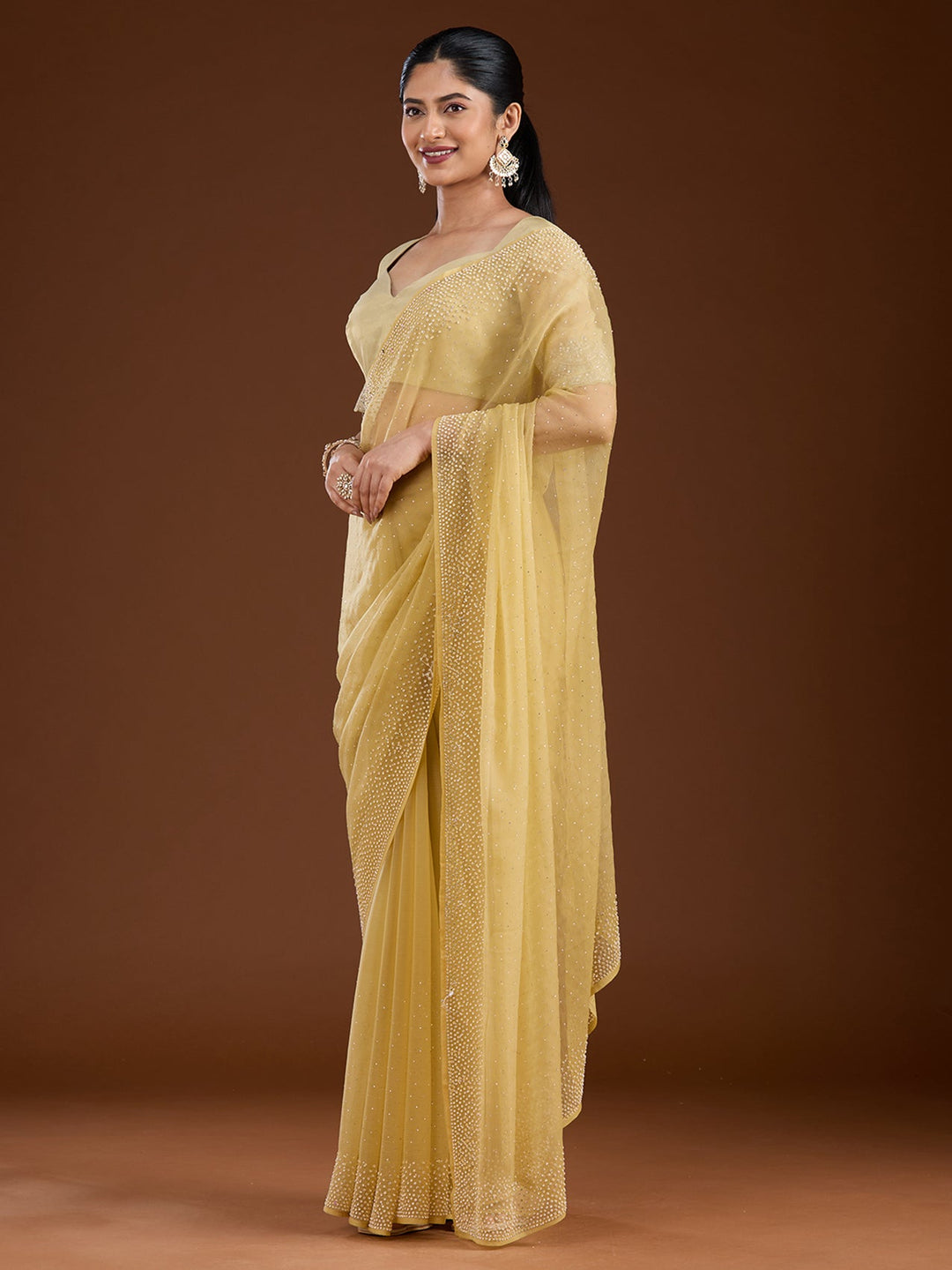 Yellow Stonework (Silver) Chiffon Saree-Koskii