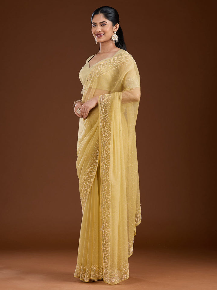Yellow Stonework (Silver) Chiffon Saree-Koskii