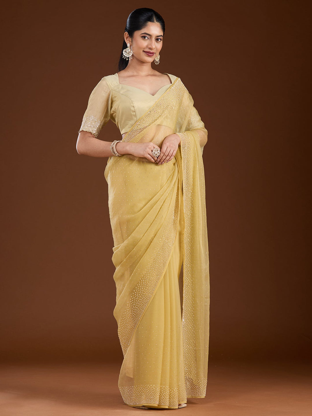 Yellow Stonework (Silver) Chiffon Saree-Koskii