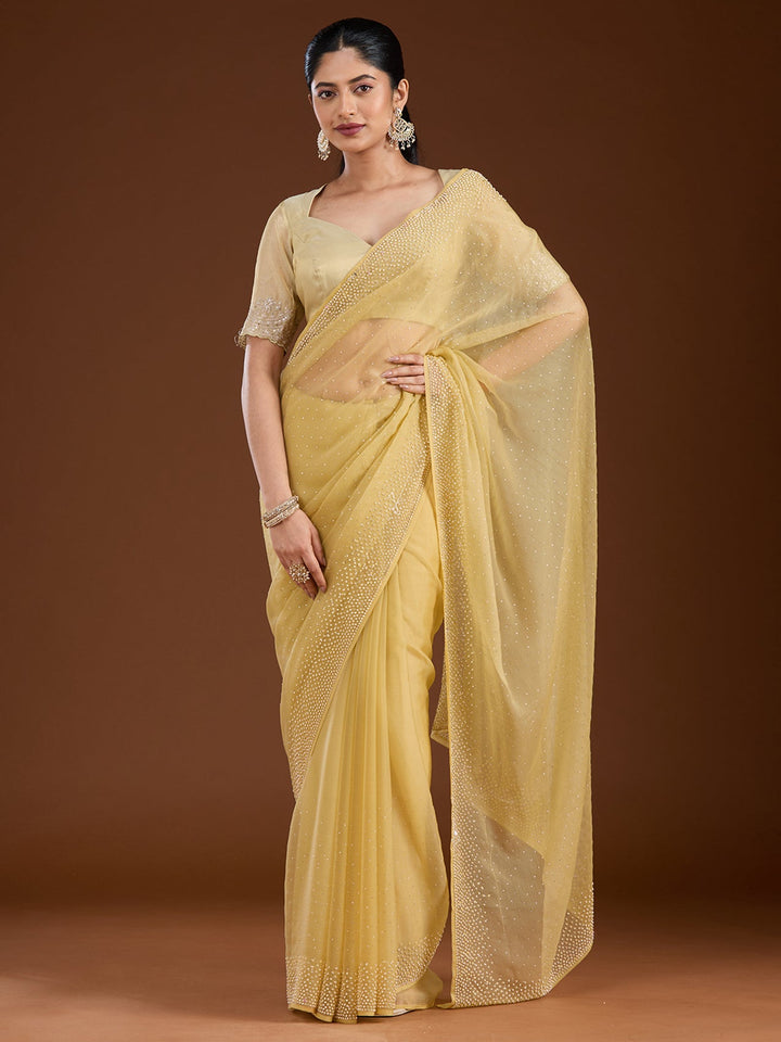 Yellow Stonework (Silver) Chiffon Saree-Koskii