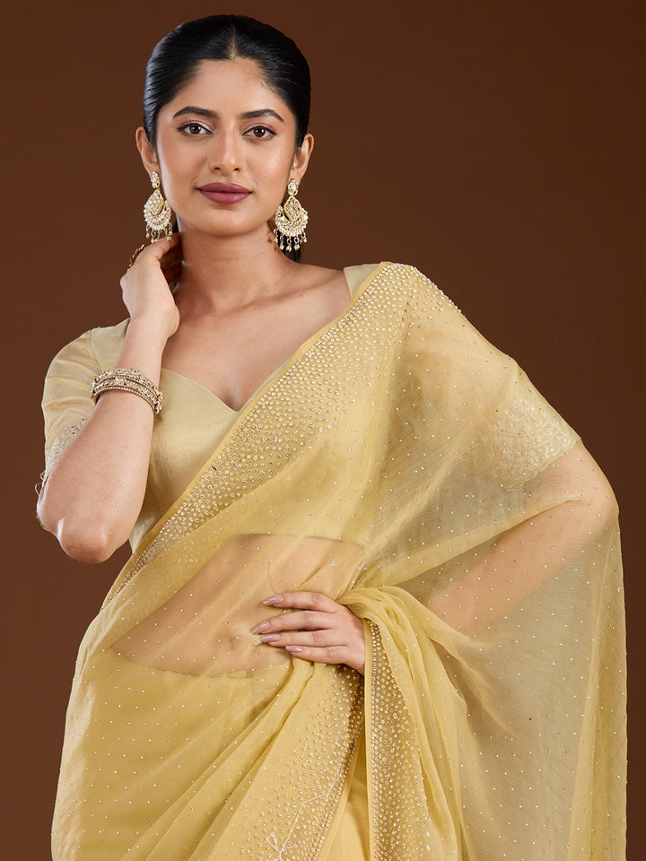 Yellow Stonework (Silver) Chiffon Saree-Koskii