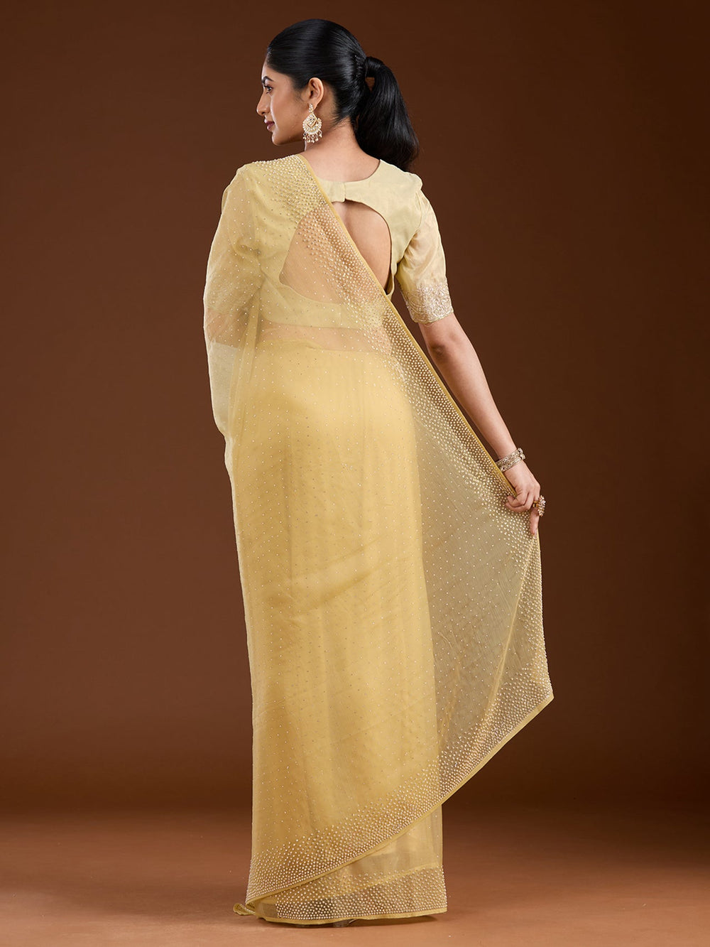 Yellow Stonework (Silver) Chiffon Saree-Koskii