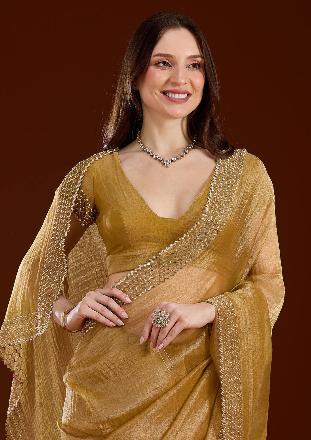 Blue Stonework (Gold) Organza Saree