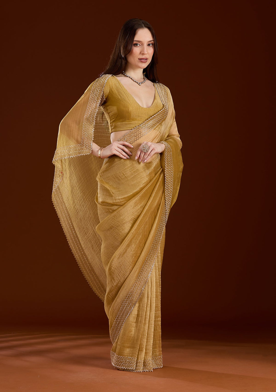 Blue Stonework (Gold) Organza Saree